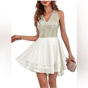 Lrady Sequin Glitter V-Neck Skater Mini Cocktail Party Swing Dress SIze L (194)